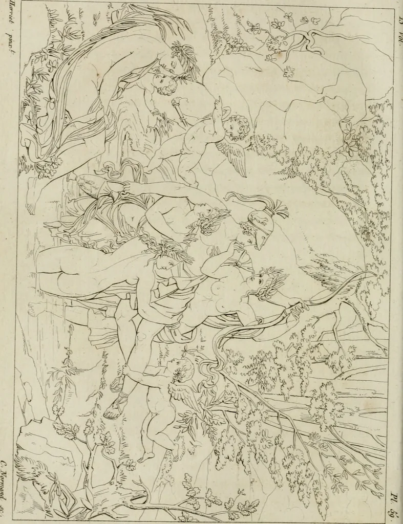 An illustration from Annales du musée et de l'école moderne des beaux-arts : recueil de gravures au trait, d'après les principaux ouvrages de peinture, sculpture, ou projets d'architecture, qui, chaque année, ont remporté le prix, soit aux écoles spéciales, soit aux concours nationaux : les productions des artistes en tous genres, qui, aux différentes expositions, ont été citées avec éloges : les morceaux les plus estimés ou inédits de la galerie de peinture : la suite complète de celle des antiques : édifices anciens et modernes, etc., 1800, leaf 241