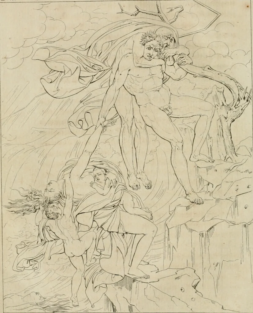 An illustration from Annales du musée et de l'école moderne des beaux-arts : recueil de gravures au trait, d'après les principaux ouvrages de peinture, sculpture, ou projets d'architecture, qui, chaque année, ont remporté le prix, soit aux écoles spéciales, soit aux concours nationaux : les productions des artistes en tous genres, qui, aux différentes expositions, ont été citées avec éloges : les morceaux les plus estimés ou inédits de la galerie de peinture : la suite complète de celle des antiques : édifices anciens et modernes, etc., 1800, leaf 25