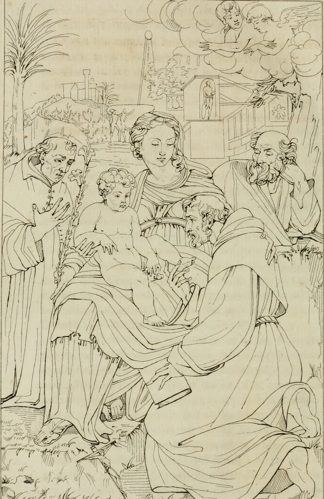 An illustration from Annales du musée et de l'école moderne des beaux-arts : recueil de gravures au trait, d'après les principaux ouvrages de peinture, sculpture, ou projets d'architecture, qui, chaque année, ont remporté le prix, soit aux écoles spéciales, soit aux concours nationaux : les productions des artistes en tous genres, qui, aux différentes expositions, ont été citées avec éloges : les morceaux les plus estimés ou inédits de la galerie de peinture : la suite complète de celle des antiques : édifices anciens et modernes, etc., 1800, leaf 261