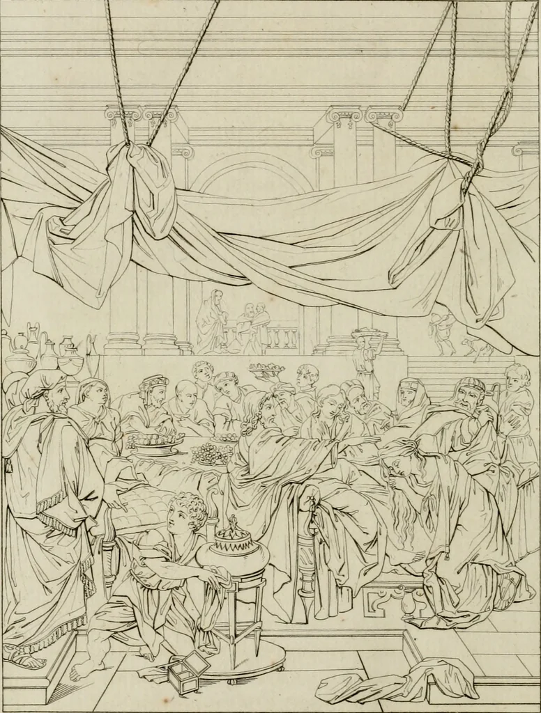 An illustration from Annales du musée et de l'école moderne des beaux-arts : recueil de gravures au trait, d'après les principaux ouvrages de peinture, sculpture, ou projets d'architecture, qui, chaque année, ont remporté le prix, soit aux écoles spéciales, soit aux concours nationaux : les productions des artistes en tous genres, qui, aux différentes expositions, ont été citées avec éloges : les morceaux les plus estimés ou inédits de la galerie de peinture : la suite complète de celle des antiques : édifices anciens et modernes, etc., 1800, leaf 273