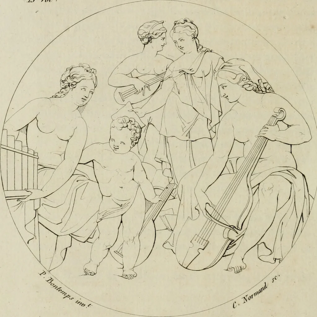 An illustration from Annales du musée et de l'école moderne des beaux-arts : recueil de gravures au trait, d'après les principaux ouvrages de peinture, sculpture, ou projets d'architecture, qui, chaque année, ont remporté le prix, soit aux écoles spéciales, soit aux concours nationaux : les productions des artistes en tous genres, qui, aux différentes expositions, ont été citées avec éloges : les morceaux les plus estimés ou inédits de la galerie de peinture : la suite complète de celle des antiques : édifices anciens et modernes, etc., 1800, leaf 277