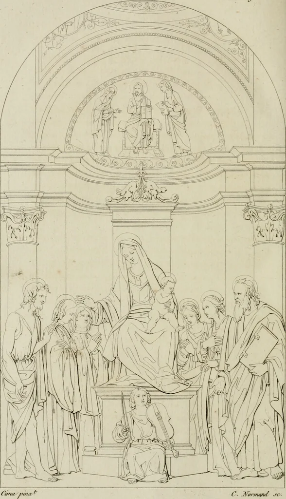An illustration from Annales du musée et de l'école moderne des beaux-arts : recueil de gravures au trait, d'après les principaux ouvrages de peinture, sculpture, ou projets d'architecture, qui, chaque année, ont remporté le prix, soit aux écoles spéciales, soit aux concours nationaux : les productions des artistes en tous genres, qui, aux différentes expositions, ont été citées avec éloges : les morceaux les plus estimés ou inédits de la galerie de peinture : la suite complète de celle des antiques : édifices anciens et modernes, etc., 1800, leaf 281