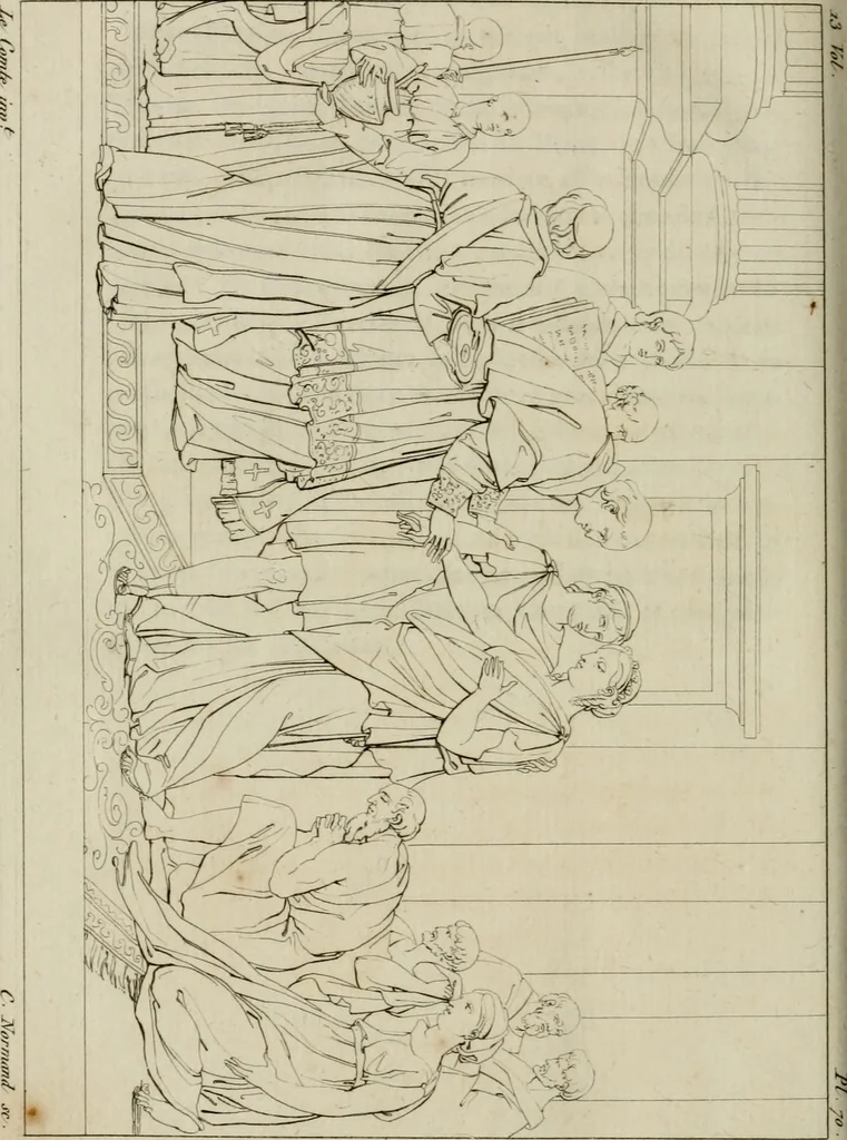 An illustration from Annales du musée et de l'école moderne des beaux-arts : recueil de gravures au trait, d'après les principaux ouvrages de peinture, sculpture, ou projets d'architecture, qui, chaque année, ont remporté le prix, soit aux écoles spéciales, soit aux concours nationaux : les productions des artistes en tous genres, qui, aux différentes expositions, ont été citées avec éloges : les morceaux les plus estimés ou inédits de la galerie de peinture : la suite complète de celle des antiques : édifices anciens et modernes, etc., 1800, leaf 285