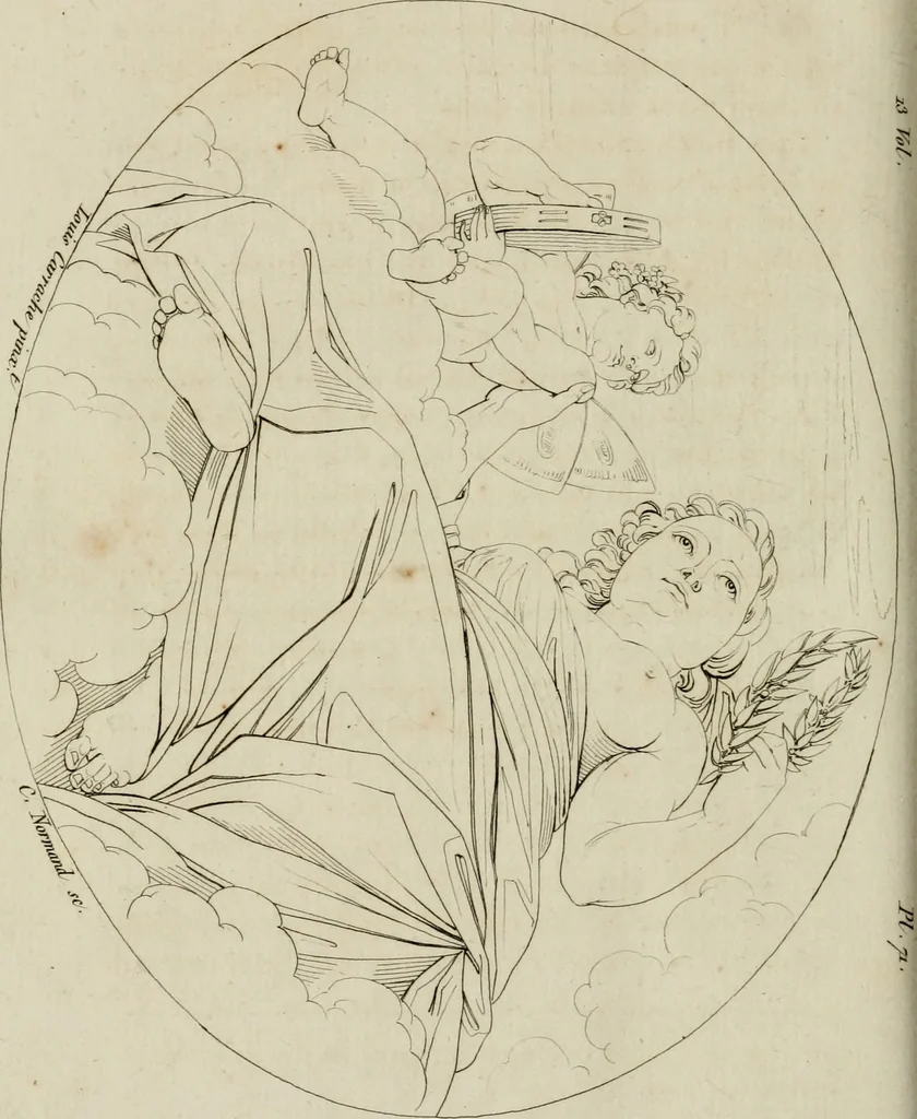 An illustration from Annales du musée et de l'école moderne des beaux-arts : recueil de gravures au trait, d'après les principaux ouvrages de peinture, sculpture, ou projets d'architecture, qui, chaque année, ont remporté le prix, soit aux écoles spéciales, soit aux concours nationaux : les productions des artistes en tous genres, qui, aux différentes expositions, ont été citées avec éloges : les morceaux les plus estimés ou inédits de la galerie de peinture : la suite complète de celle des antiques : édifices anciens et modernes, etc., 1800, leaf 289