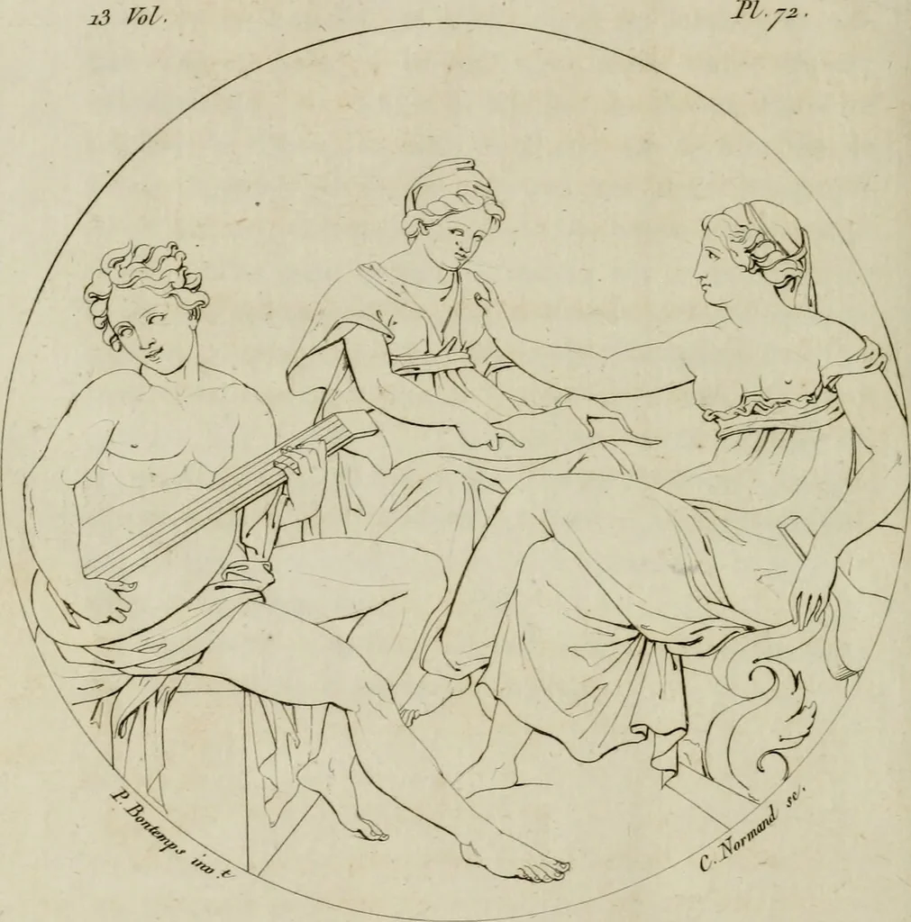 An illustration from Annales du musée et de l'école moderne des beaux-arts : recueil de gravures au trait, d'après les principaux ouvrages de peinture, sculpture, ou projets d'architecture, qui, chaque année, ont remporté le prix, soit aux écoles spéciales, soit aux concours nationaux : les productions des artistes en tous genres, qui, aux différentes expositions, ont été citées avec éloges : les morceaux les plus estimés ou inédits de la galerie de peinture : la suite complète de celle des antiques : édifices anciens et modernes, etc., 1800, leaf 293