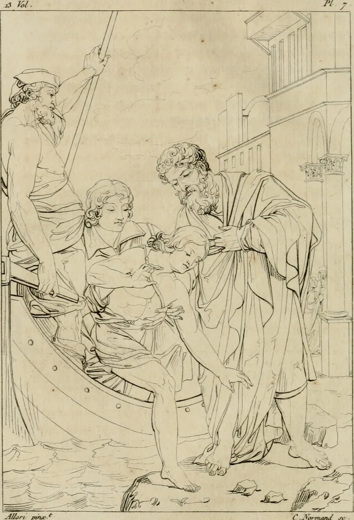 An illustration from Annales du musée et de l'école moderne des beaux-arts : recueil de gravures au trait, d'après les principaux ouvrages de peinture, sculpture, ou projets d'architecture, qui, chaque année, ont remporté le prix, soit aux écoles spéciales, soit aux concours nationaux : les productions des artistes en tous genres, qui, aux différentes expositions, ont été citées avec éloges : les morceaux les plus estimés ou inédits de la galerie de peinture : la suite complète de celle des antiques : édifices anciens et modernes, etc., 1800, leaf 33