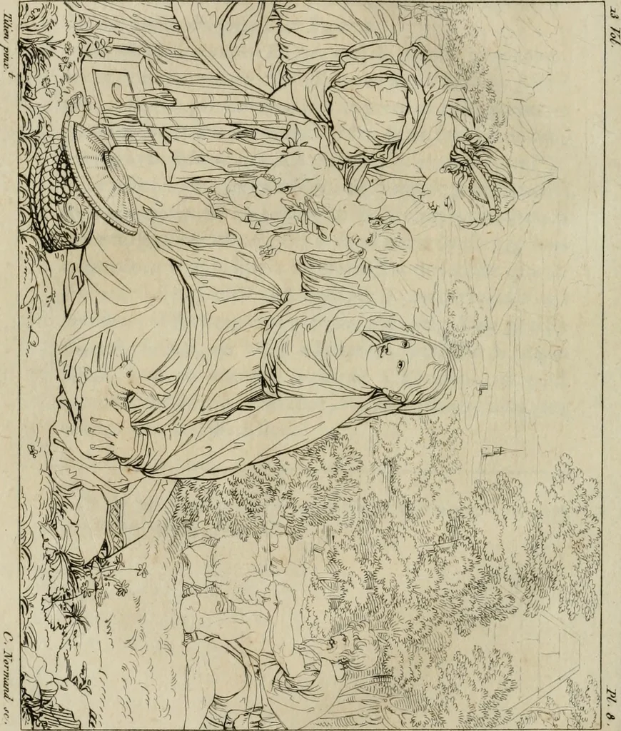 An illustration from Annales du musée et de l'école moderne des beaux-arts : recueil de gravures au trait, d'après les principaux ouvrages de peinture, sculpture, ou projets d'architecture, qui, chaque année, ont remporté le prix, soit aux écoles spéciales, soit aux concours nationaux : les productions des artistes en tous genres, qui, aux différentes expositions, ont été citées avec éloges : les morceaux les plus estimés ou inédits de la galerie de peinture : la suite complète de celle des antiques : édifices anciens et modernes, etc., 1800, leaf 37