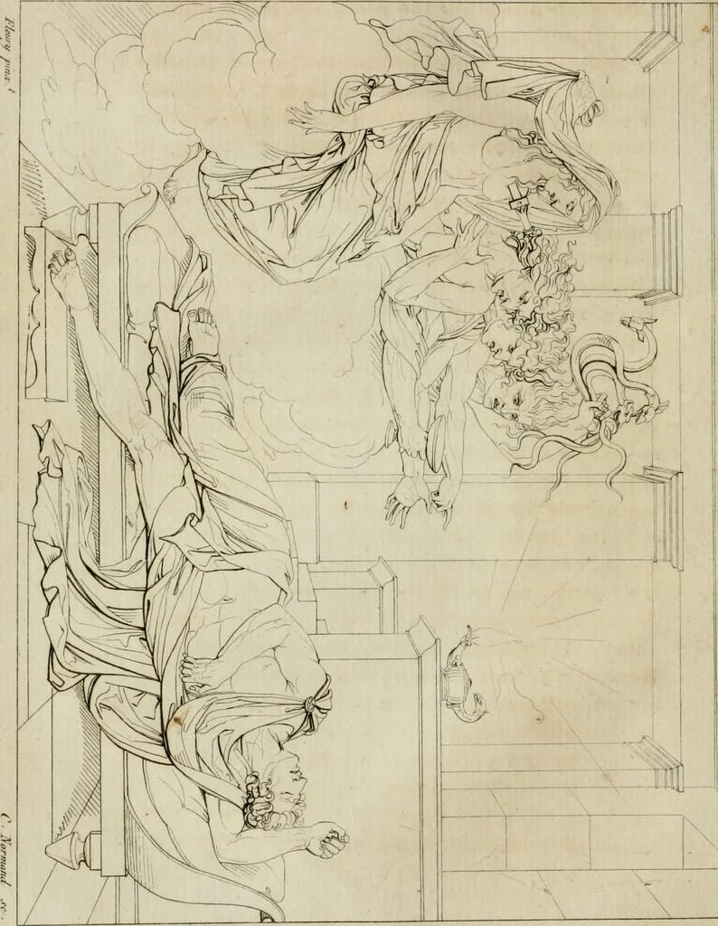 An illustration from Annales du musée et de l'école moderne des beaux-arts : recueil de gravures au trait, d'après les principaux ouvrages de peinture, sculpture, ou projets d'architecture, qui, chaque année, ont remporté le prix, soit aux écoles spéciales, soit aux concours nationaux : les productions des artistes en tous genres, qui, aux différentes expositions, ont été citées avec éloges : les morceaux les plus estimés ou inédits de la galerie de peinture : la suite complète de celle des antiques : édifices anciens et modernes, etc., 1800, leaf 41