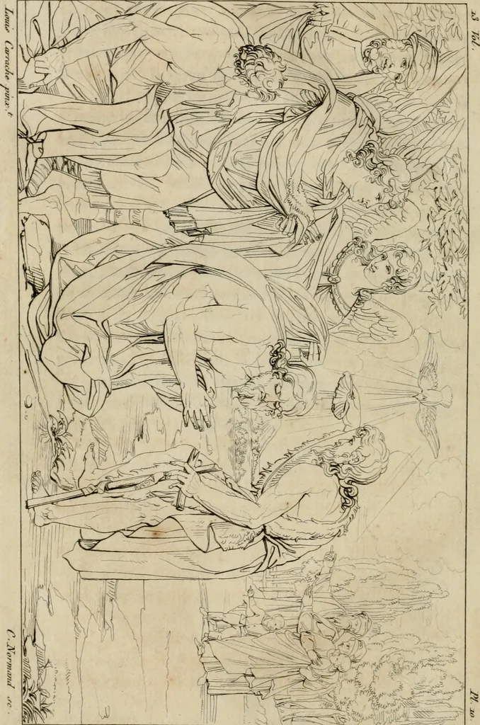 An illustration from Annales du musée et de l'école moderne des beaux-arts : recueil de gravures au trait, d'après les principaux ouvrages de peinture, sculpture, ou projets d'architecture, qui, chaque année, ont remporté le prix, soit aux écoles spéciales, soit aux concours nationaux : les productions des artistes en tous genres, qui, aux différentes expositions, ont été citées avec éloges : les morceaux les plus estimés ou inédits de la galerie de peinture : la suite complète de celle des antiques : édifices anciens et modernes, etc., 1800, leaf 45