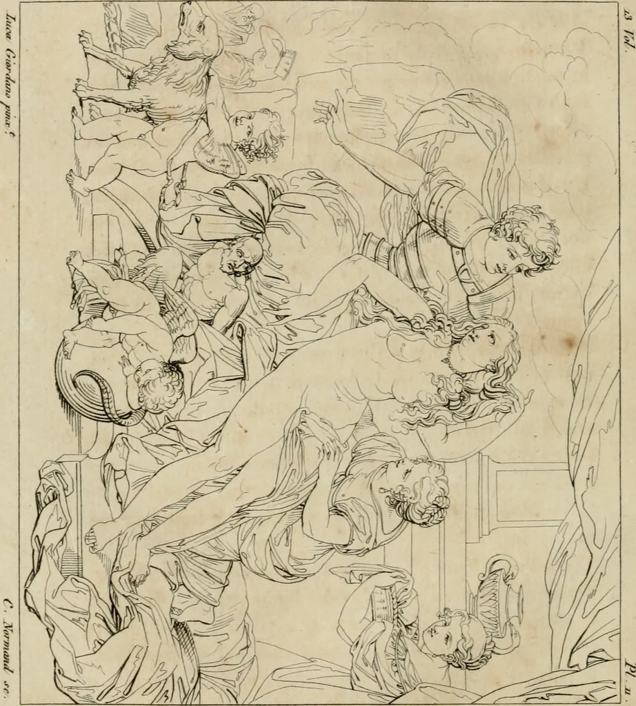 An illustration from Annales du musée et de l'école moderne des beaux-arts : recueil de gravures au trait, d'après les principaux ouvrages de peinture, sculpture, ou projets d'architecture, qui, chaque année, ont remporté le prix, soit aux écoles spéciales, soit aux concours nationaux : les productions des artistes en tous genres, qui, aux différentes expositions, ont été citées avec éloges : les morceaux les plus estimés ou inédits de la galerie de peinture : la suite complète de celle des antiques : édifices anciens et modernes, etc., 1800, leaf 49