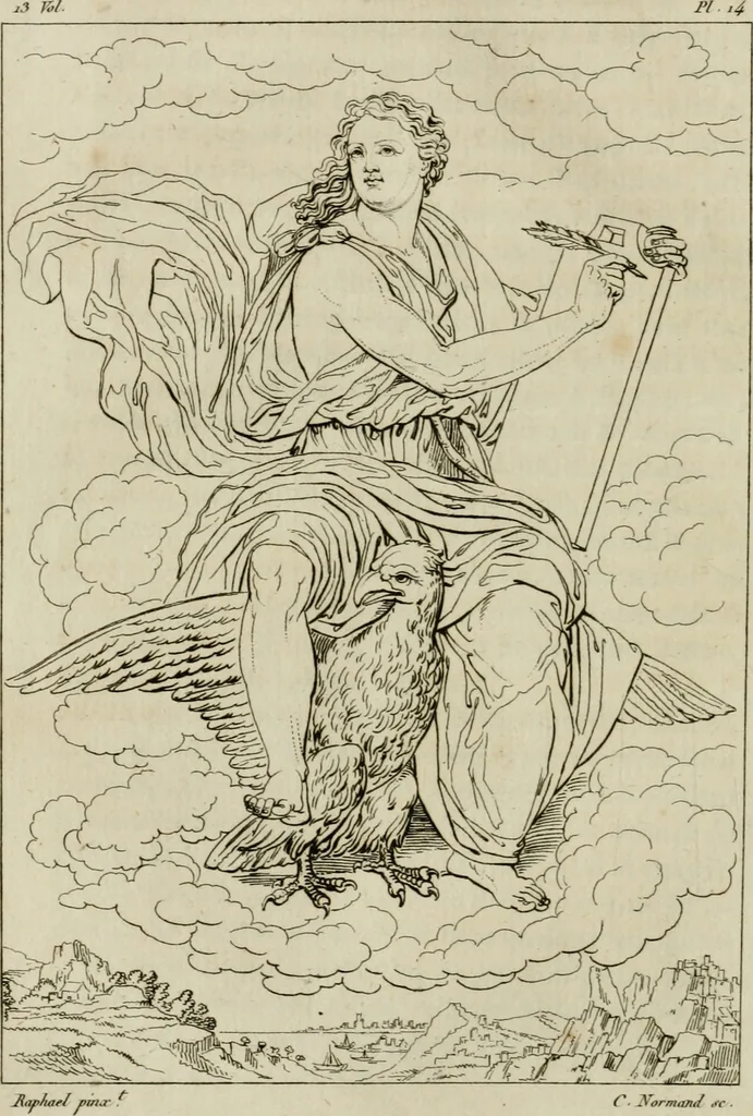An illustration from Annales du musée et de l'école moderne des beaux-arts : recueil de gravures au trait, d'après les principaux ouvrages de peinture, sculpture, ou projets d'architecture, qui, chaque année, ont remporté le prix, soit aux écoles spéciales, soit aux concours nationaux : les productions des artistes en tous genres, qui, aux différentes expositions, ont été citées avec éloges : les morceaux les plus estimés ou inédits de la galerie de peinture : la suite complète de celle des antiques : édifices anciens et modernes, etc., 1800, leaf 61