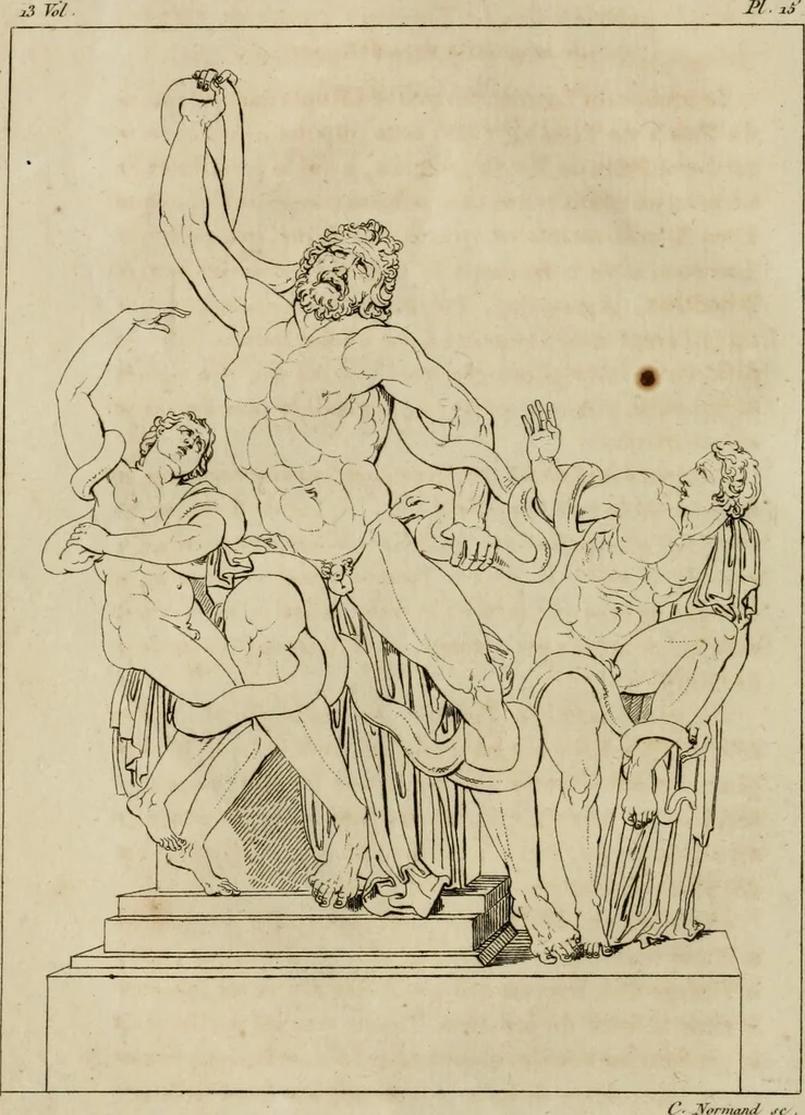An illustration from Annales du musée et de l'école moderne des beaux-arts : recueil de gravures au trait, d'après les principaux ouvrages de peinture, sculpture, ou projets d'architecture, qui, chaque année, ont remporté le prix, soit aux écoles spéciales, soit aux concours nationaux : les productions des artistes en tous genres, qui, aux différentes expositions, ont été citées avec éloges : les morceaux les plus estimés ou inédits de la galerie de peinture : la suite complète de celle des antiques : édifices anciens et modernes, etc., 1800, leaf 65