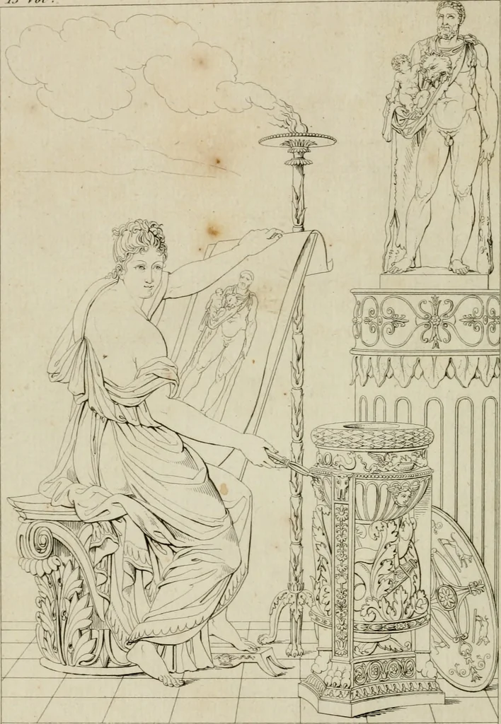 An illustration from Annales du musée et de l'école moderne des beaux-arts : recueil de gravures au trait, d'après les principaux ouvrages de peinture, sculpture, ou projets d'architecture, qui, chaque année, ont remporté le prix, soit aux écoles spéciales, soit aux concours nationaux : les productions des artistes en tous genres, qui, aux différentes expositions, ont été citées avec éloges : les morceaux les plus estimés ou inédits de la galerie de peinture : la suite complète de celle des antiques : édifices anciens et modernes, etc., 1800, leaf 7