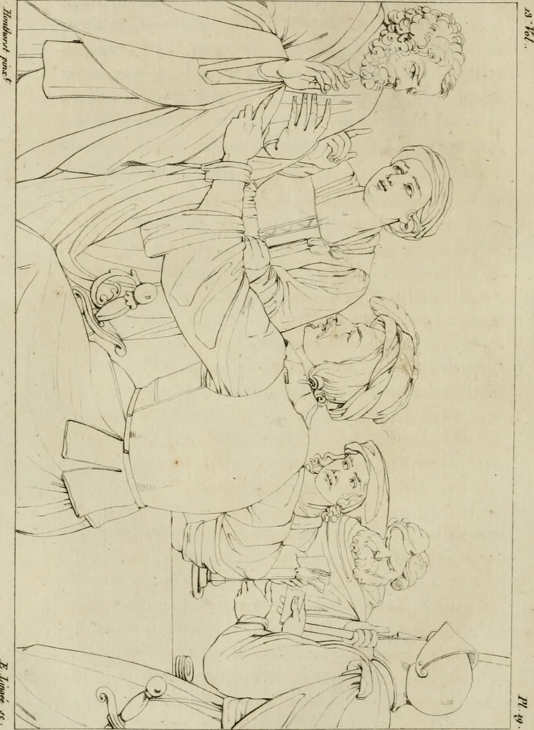 An illustration from Annales du musée et de l'école moderne des beaux-arts : recueil de gravures au trait, d'après les principaux ouvrages de peinture, sculpture, ou projets d'architecture, qui, chaque année, ont remporté le prix, soit aux écoles spéciales, soit aux concours nationaux : les productions des artistes en tous genres, qui, aux différentes expositions, ont été citées avec éloges : les morceaux les plus estimés ou inédits de la galerie de peinture : la suite complète de celle des antiques : édifices anciens et modernes, etc., 1800, leaf 81
