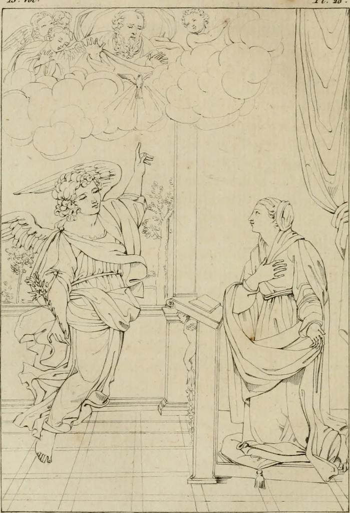 An illustration from Annales du musée et de l'école moderne des beaux-arts : recueil de gravures au trait, d'après les principaux ouvrages de peinture, sculpture, ou projets d'architecture, qui, chaque année, ont remporté le prix, soit aux écoles spéciales, soit aux concours nationaux : les productions des artistes en tous genres, qui, aux différentes expositions, ont été citées avec éloges : les morceaux les plus estimés ou inédits de la galerie de peinture : la suite complète de celle des antiques : édifices anciens et modernes, etc., 1800, leaf 85
