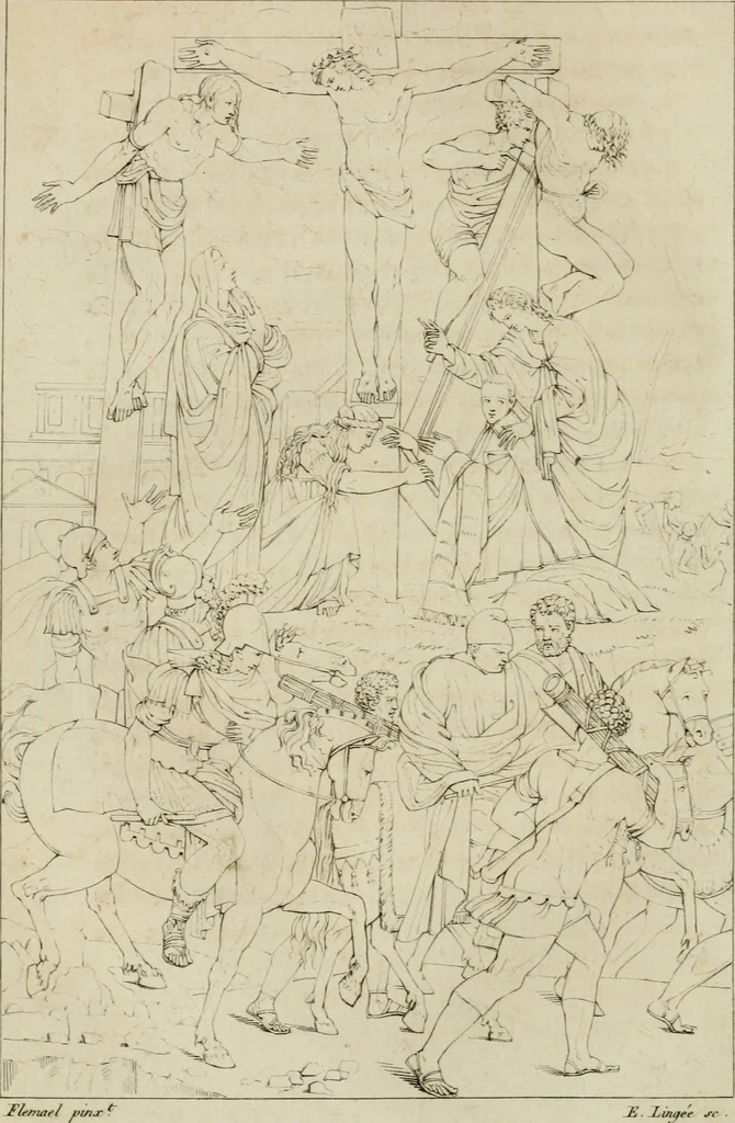 An illustration from Annales du musée et de l'école moderne des beaux-arts : recueil de gravures au trait, d'après les principaux ouvrages de peinture, sculpture, ou projets d'architecture, qui, chaque année, ont remporté le prix, soit aux écoles spéciales, soit aux concours nationaux : les productions des artistes en tous genres, qui, aux différentes expositions, ont été citées avec éloges : les morceaux les plus estimés ou inédits de la galerie de peinture : la suite complète de celle des antiques : édifices anciens et modernes, etc., 1800, leaf 97
