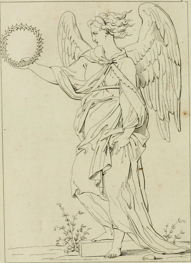 An illustration from Annales du musée et de l'école moderne des beaux-arts : recueil de gravures au trait, d'après les principaux ouvrages de peinture, sculpture, ou projets d'architecture, qui, chaque année, ont remporté le prix, soit aux écoles spéciales, soit aux concours nationaux : les productions des artistes en tous genres, qui, aux différentes expositions, ont été citées avec éloges : les morceaux les plus estimés ou inédits de la galerie de peinture : la suite complète de celle des antiques : édifices anciens et modernes, etc., 1800, leaf 101