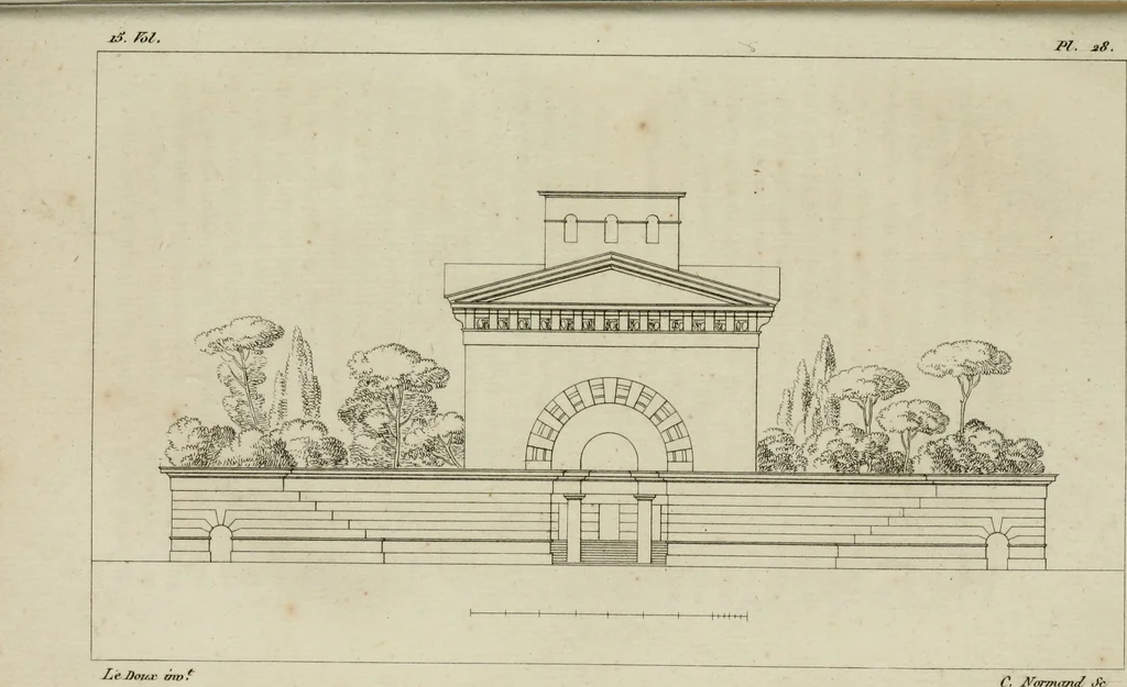 An illustration from Annales du musée et de l'école moderne des beaux-arts : recueil de gravures au trait, d'après les principaux ouvrages de peinture, sculpture, ou projets d'architecture, qui, chaque année, ont remporté le prix, soit aux écoles spéciales, soit aux concours nationaux : les productions des artistes en tous genres, qui, aux différentes expositions, ont été citées avec éloges : les morceaux les plus estimés ou inédits de la galerie de peinture : la suite complète de celle des antiques : édifices anciens et modernes, etc., 1800, leaf 105