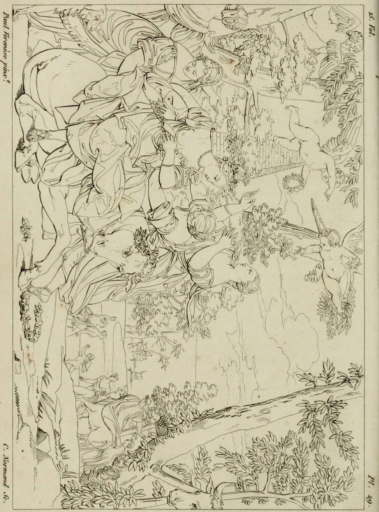 An illustration from Annales du musée et de l'école moderne des beaux-arts : recueil de gravures au trait, d'après les principaux ouvrages de peinture, sculpture, ou projets d'architecture, qui, chaque année, ont remporté le prix, soit aux écoles spéciales, soit aux concours nationaux : les productions des artistes en tous genres, qui, aux différentes expositions, ont été citées avec éloges : les morceaux les plus estimés ou inédits de la galerie de peinture : la suite complète de celle des antiques : édifices anciens et modernes, etc., 1800, leaf 109