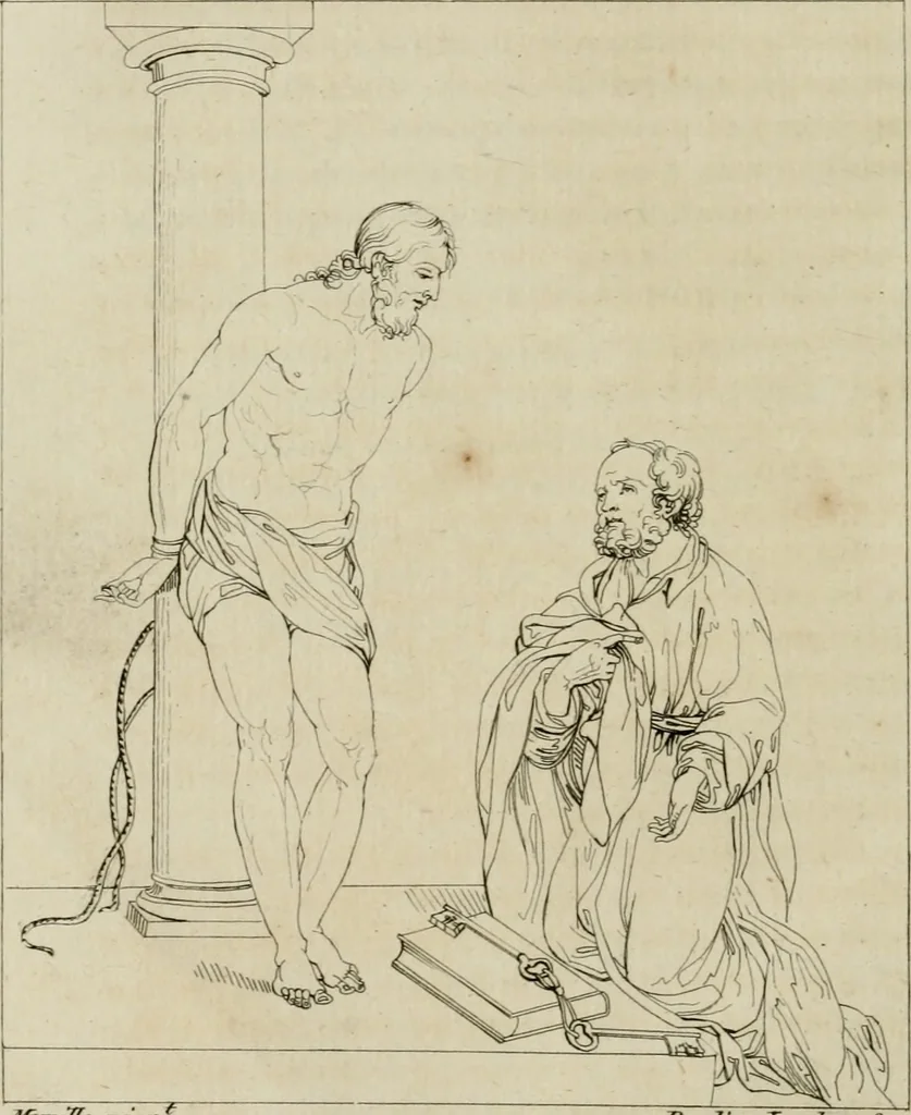 An illustration from Annales du musée et de l'école moderne des beaux-arts : recueil de gravures au trait, d'après les principaux ouvrages de peinture, sculpture, ou projets d'architecture, qui, chaque année, ont remporté le prix, soit aux écoles spéciales, soit aux concours nationaux : les productions des artistes en tous genres, qui, aux différentes expositions, ont été citées avec éloges : les morceaux les plus estimés ou inédits de la galerie de peinture : la suite complète de celle des antiques : édifices anciens et modernes, etc., 1800, leaf 117