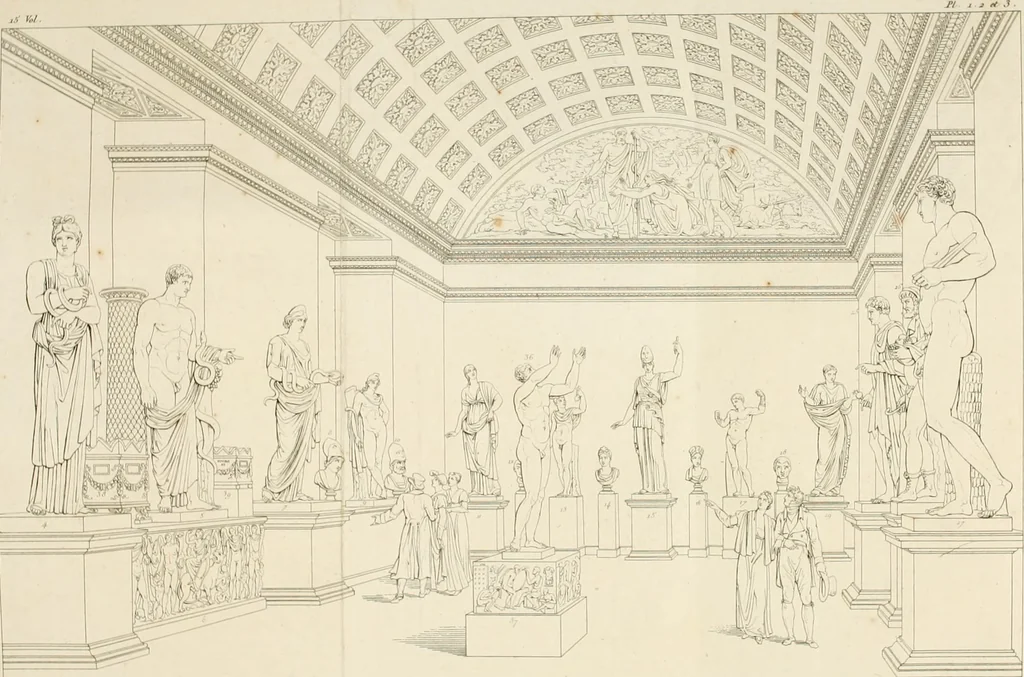 An illustration from Annales du musée et de l'école moderne des beaux-arts : recueil de gravures au trait, d'après les principaux ouvrages de peinture, sculpture, ou projets d'architecture, qui, chaque année, ont remporté le prix, soit aux écoles spéciales, soit aux concours nationaux : les productions des artistes en tous genres, qui, aux différentes expositions, ont été citées avec éloges : les morceaux les plus estimés ou inédits de la galerie de peinture : la suite complète de celle des antiques : édifices anciens et modernes, etc., 1800, leaf 12