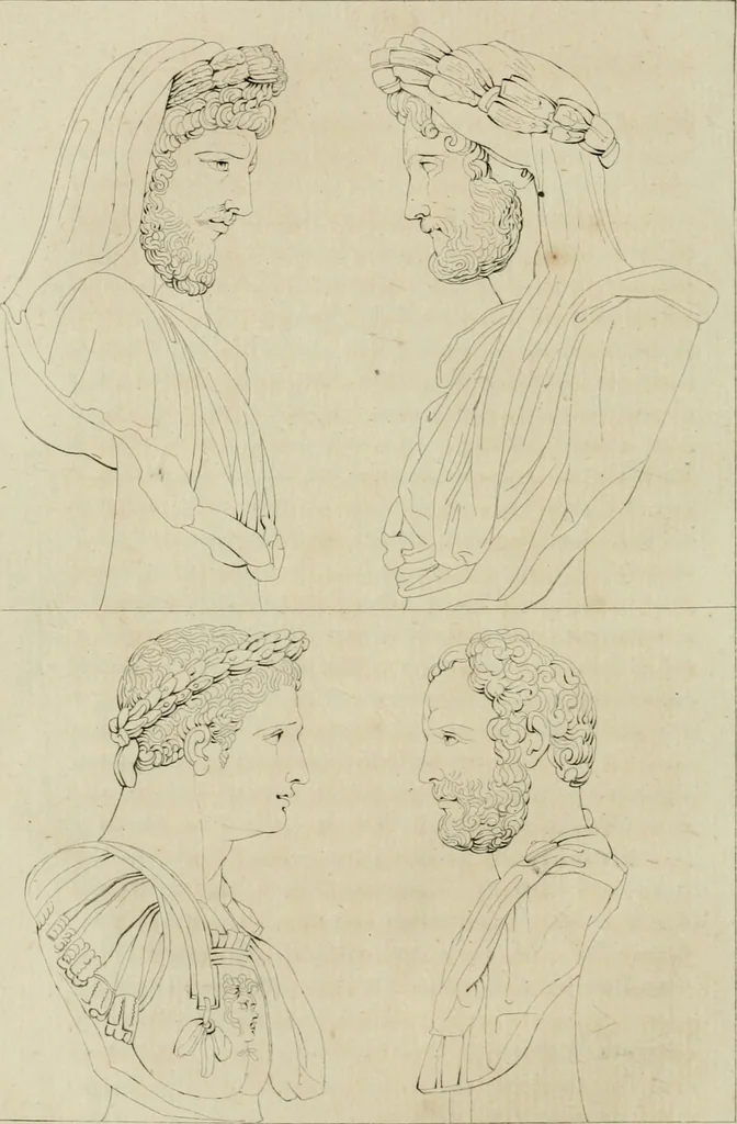 An illustration from Annales du musée et de l'école moderne des beaux-arts : recueil de gravures au trait, d'après les principaux ouvrages de peinture, sculpture, ou projets d'architecture, qui, chaque année, ont remporté le prix, soit aux écoles spéciales, soit aux concours nationaux : les productions des artistes en tous genres, qui, aux différentes expositions, ont été citées avec éloges : les morceaux les plus estimés ou inédits de la galerie de peinture : la suite complète de celle des antiques : édifices anciens et modernes, etc., 1800, leaf 121
