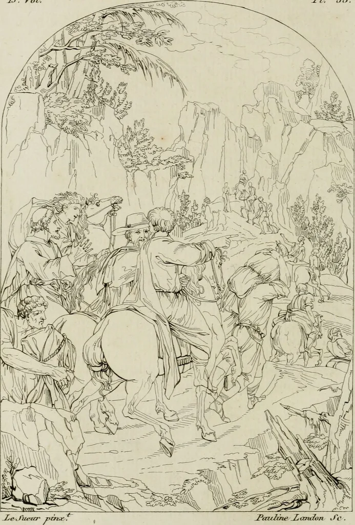 An illustration from Annales du musée et de l'école moderne des beaux-arts : recueil de gravures au trait, d'après les principaux ouvrages de peinture, sculpture, ou projets d'architecture, qui, chaque année, ont remporté le prix, soit aux écoles spéciales, soit aux concours nationaux : les productions des artistes en tous genres, qui, aux différentes expositions, ont été citées avec éloges : les morceaux les plus estimés ou inédits de la galerie de peinture : la suite complète de celle des antiques : édifices anciens et modernes, etc., 1800, leaf 125