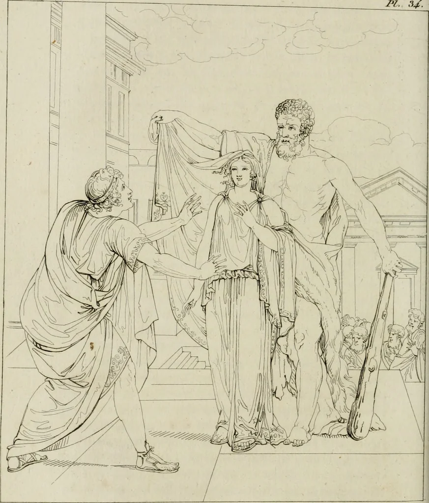 An illustration from Annales du musée et de l'école moderne des beaux-arts : recueil de gravures au trait, d'après les principaux ouvrages de peinture, sculpture, ou projets d'architecture, qui, chaque année, ont remporté le prix, soit aux écoles spéciales, soit aux concours nationaux : les productions des artistes en tous genres, qui, aux différentes expositions, ont été citées avec éloges : les morceaux les plus estimés ou inédits de la galerie de peinture : la suite complète de celle des antiques : édifices anciens et modernes, etc., 1800, leaf 129