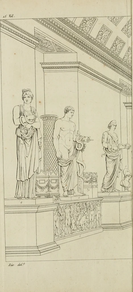 An illustration from Annales du musée et de l'école moderne des beaux-arts : recueil de gravures au trait, d'après les principaux ouvrages de peinture, sculpture, ou projets d'architecture, qui, chaque année, ont remporté le prix, soit aux écoles spéciales, soit aux concours nationaux : les productions des artistes en tous genres, qui, aux différentes expositions, ont été citées avec éloges : les morceaux les plus estimés ou inédits de la galerie de peinture : la suite complète de celle des antiques : édifices anciens et modernes, etc., 1800, leaf 13