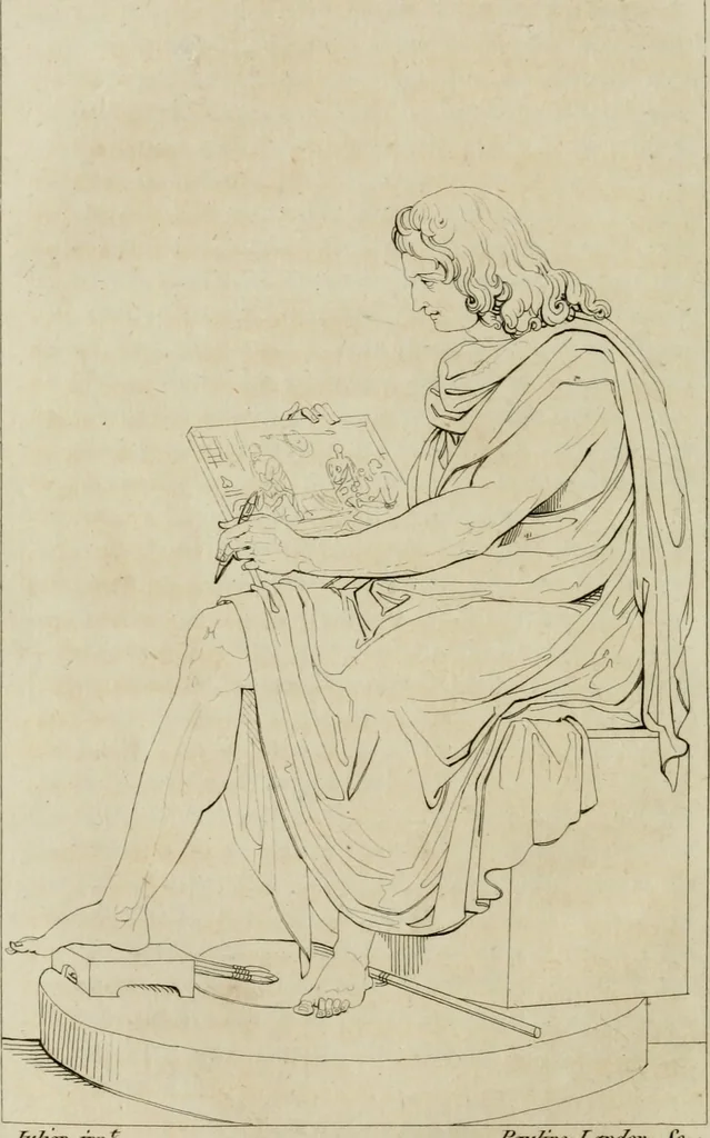 An illustration from Annales du musée et de l'école moderne des beaux-arts : recueil de gravures au trait, d'après les principaux ouvrages de peinture, sculpture, ou projets d'architecture, qui, chaque année, ont remporté le prix, soit aux écoles spéciales, soit aux concours nationaux : les productions des artistes en tous genres, qui, aux différentes expositions, ont été citées avec éloges : les morceaux les plus estimés ou inédits de la galerie de peinture : la suite complète de celle des antiques : édifices anciens et modernes, etc., 1800, leaf 133