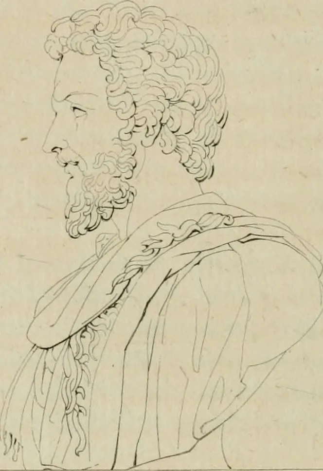 An illustration from Annales du musée et de l'école moderne des beaux-arts : recueil de gravures au trait, d'après les principaux ouvrages de peinture, sculpture, ou projets d'architecture, qui, chaque année, ont remporté le prix, soit aux écoles spéciales, soit aux concours nationaux : les productions des artistes en tous genres, qui, aux différentes expositions, ont été citées avec éloges : les morceaux les plus estimés ou inédits de la galerie de peinture : la suite complète de celle des antiques : édifices anciens et modernes, etc., 1800, leaf 137