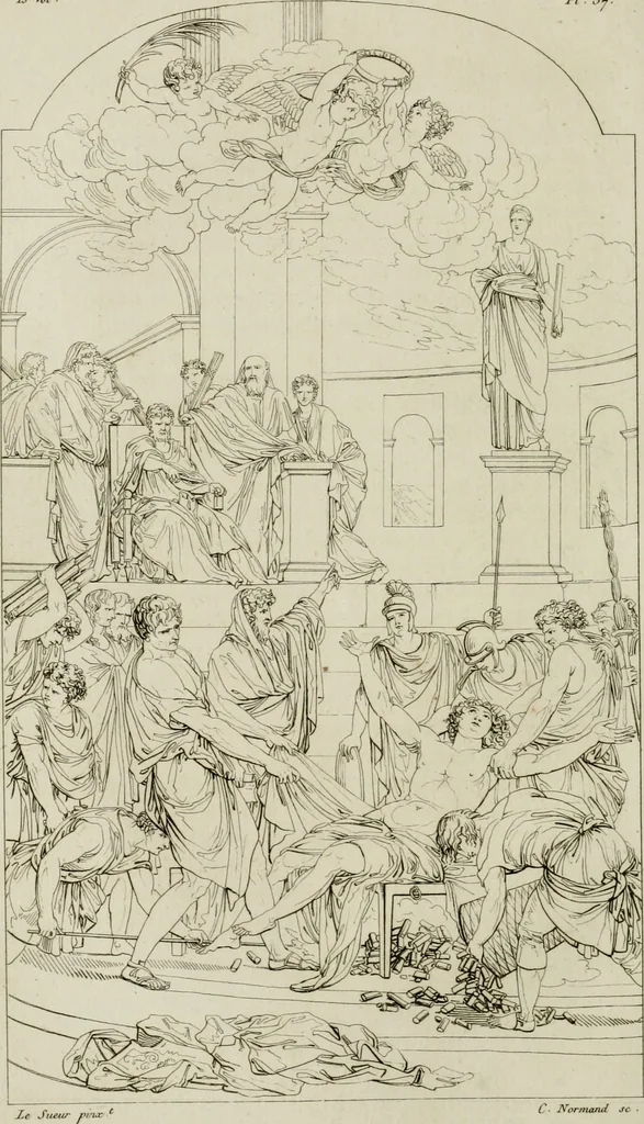 An illustration from Annales du musée et de l'école moderne des beaux-arts : recueil de gravures au trait, d'après les principaux ouvrages de peinture, sculpture, ou projets d'architecture, qui, chaque année, ont remporté le prix, soit aux écoles spéciales, soit aux concours nationaux : les productions des artistes en tous genres, qui, aux différentes expositions, ont été citées avec éloges : les morceaux les plus estimés ou inédits de la galerie de peinture : la suite complète de celle des antiques : édifices anciens et modernes, etc., 1800, leaf 141