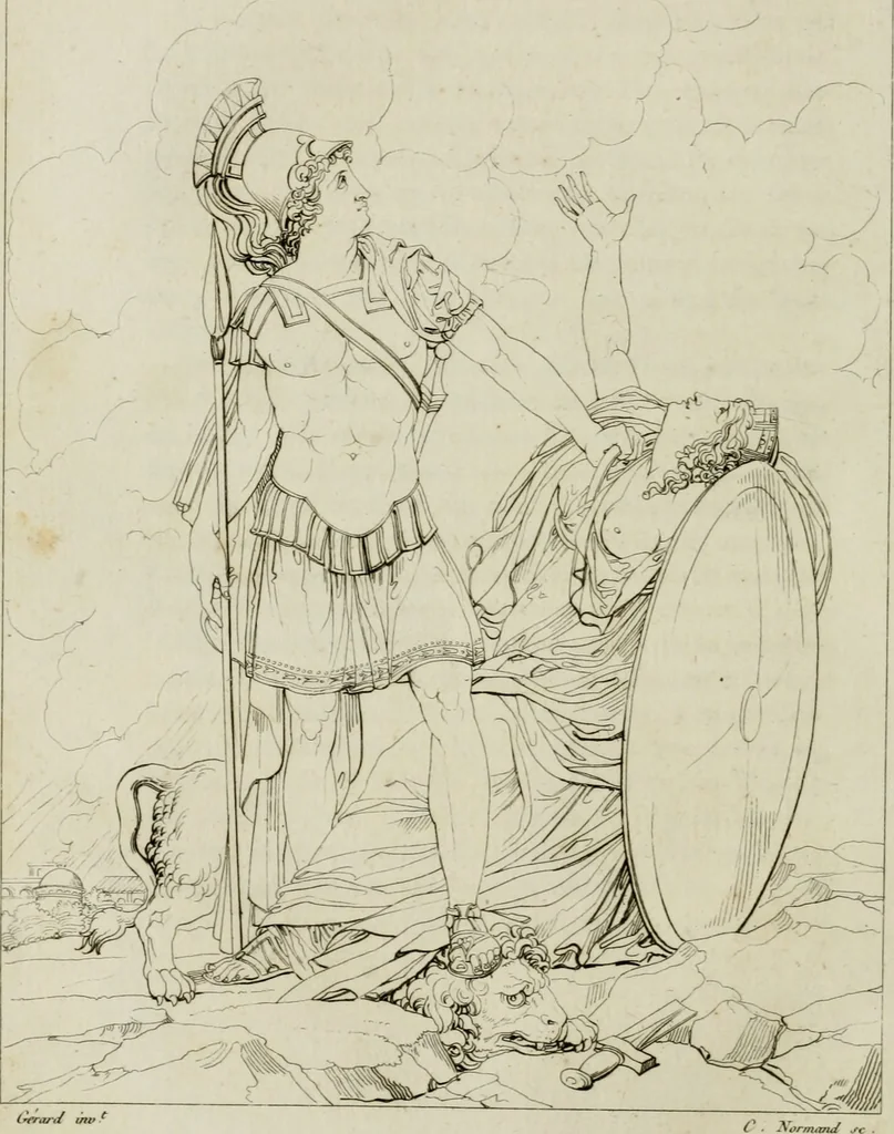 An illustration from Annales du musée et de l'école moderne des beaux-arts : recueil de gravures au trait, d'après les principaux ouvrages de peinture, sculpture, ou projets d'architecture, qui, chaque année, ont remporté le prix, soit aux écoles spéciales, soit aux concours nationaux : les productions des artistes en tous genres, qui, aux différentes expositions, ont été citées avec éloges : les morceaux les plus estimés ou inédits de la galerie de peinture : la suite complète de celle des antiques : édifices anciens et modernes, etc., 1800, leaf 145