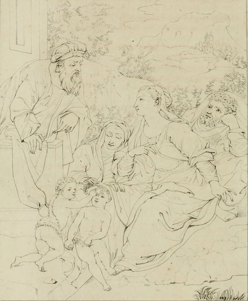 An illustration from Annales du musée et de l'école moderne des beaux-arts : recueil de gravures au trait, d'après les principaux ouvrages de peinture, sculpture, ou projets d'architecture, qui, chaque année, ont remporté le prix, soit aux écoles spéciales, soit aux concours nationaux : les productions des artistes en tous genres, qui, aux différentes expositions, ont été citées avec éloges : les morceaux les plus estimés ou inédits de la galerie de peinture : la suite complète de celle des antiques : édifices anciens et modernes, etc., 1800, leaf 165
