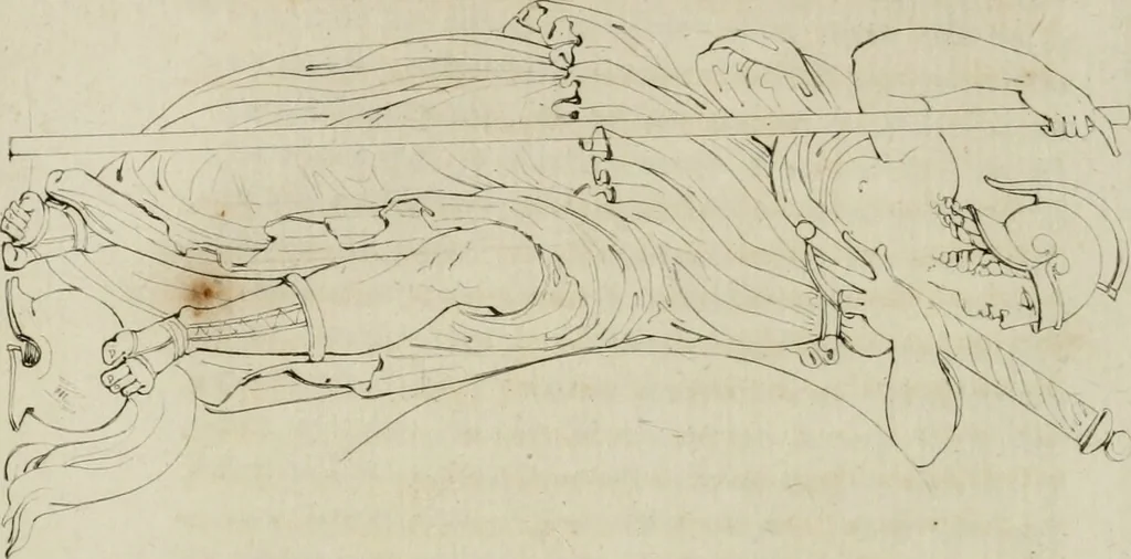 An illustration from Annales du musée et de l'école moderne des beaux-arts : recueil de gravures au trait, d'après les principaux ouvrages de peinture, sculpture, ou projets d'architecture, qui, chaque année, ont remporté le prix, soit aux écoles spéciales, soit aux concours nationaux : les productions des artistes en tous genres, qui, aux différentes expositions, ont été citées avec éloges : les morceaux les plus estimés ou inédits de la galerie de peinture : la suite complète de celle des antiques : édifices anciens et modernes, etc., 1800, leaf 169