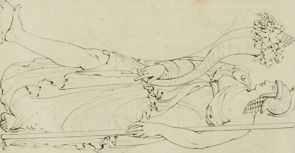 An illustration from Annales du musée et de l'école moderne des beaux-arts : recueil de gravures au trait, d'après les principaux ouvrages de peinture, sculpture, ou projets d'architecture, qui, chaque année, ont remporté le prix, soit aux écoles spéciales, soit aux concours nationaux : les productions des artistes en tous genres, qui, aux différentes expositions, ont été citées avec éloges : les morceaux les plus estimés ou inédits de la galerie de peinture : la suite complète de celle des antiques : édifices anciens et modernes, etc., 1800, leaf 169