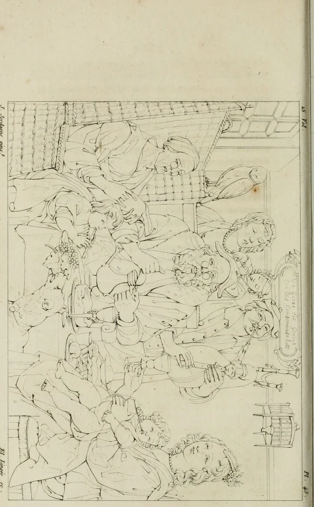 An illustration from Annales du musée et de l'école moderne des beaux-arts : recueil de gravures au trait, d'après les principaux ouvrages de peinture, sculpture, ou projets d'architecture, qui, chaque année, ont remporté le prix, soit aux écoles spéciales, soit aux concours nationaux : les productions des artistes en tous genres, qui, aux différentes expositions, ont été citées avec éloges : les morceaux les plus estimés ou inédits de la galerie de peinture : la suite complète de celle des antiques : édifices anciens et modernes, etc., 1800, leaf 173