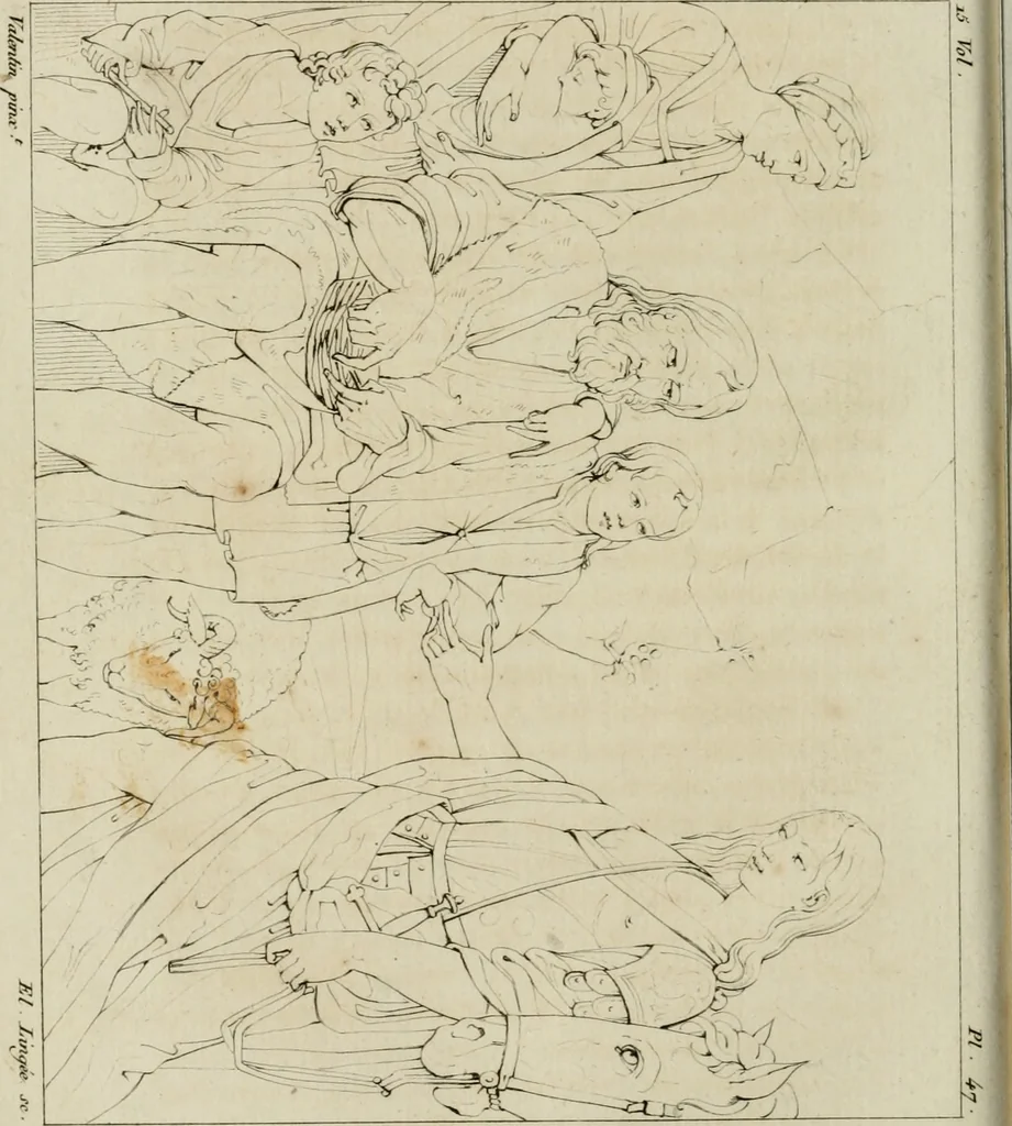An illustration from Annales du musée et de l'école moderne des beaux-arts : recueil de gravures au trait, d'après les principaux ouvrages de peinture, sculpture, ou projets d'architecture, qui, chaque année, ont remporté le prix, soit aux écoles spéciales, soit aux concours nationaux : les productions des artistes en tous genres, qui, aux différentes expositions, ont été citées avec éloges : les morceaux les plus estimés ou inédits de la galerie de peinture : la suite complète de celle des antiques : édifices anciens et modernes, etc., 1800, leaf 181