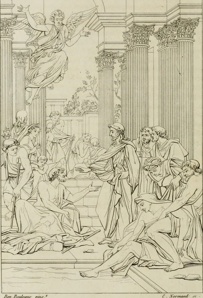 An illustration from Annales du musée et de l'école moderne des beaux-arts : recueil de gravures au trait, d'après les principaux ouvrages de peinture, sculpture, ou projets d'architecture, qui, chaque année, ont remporté le prix, soit aux écoles spéciales, soit aux concours nationaux : les productions des artistes en tous genres, qui, aux différentes expositions, ont été citées avec éloges : les morceaux les plus estimés ou inédits de la galerie de peinture : la suite complète de celle des antiques : édifices anciens et modernes, etc., 1800, leaf 189
