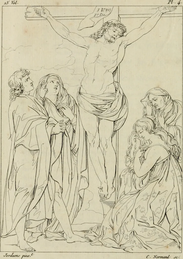 An illustration from Annales du musée et de l'école moderne des beaux-arts : recueil de gravures au trait, d'après les principaux ouvrages de peinture, sculpture, ou projets d'architecture, qui, chaque année, ont remporté le prix, soit aux écoles spéciales, soit aux concours nationaux : les productions des artistes en tous genres, qui, aux différentes expositions, ont été citées avec éloges : les morceaux les plus estimés ou inédits de la galerie de peinture : la suite complète de celle des antiques : édifices anciens et modernes, etc., 1800, leaf 19