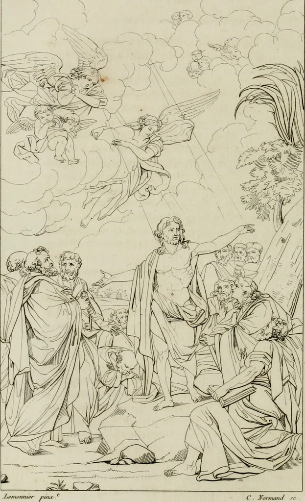 An illustration from Annales du musée et de l'école moderne des beaux-arts : recueil de gravures au trait, d'après les principaux ouvrages de peinture, sculpture, ou projets d'architecture, qui, chaque année, ont remporté le prix, soit aux écoles spéciales, soit aux concours nationaux : les productions des artistes en tous genres, qui, aux différentes expositions, ont été citées avec éloges : les morceaux les plus estimés ou inédits de la galerie de peinture : la suite complète de celle des antiques : édifices anciens et modernes, etc., 1800, leaf 193