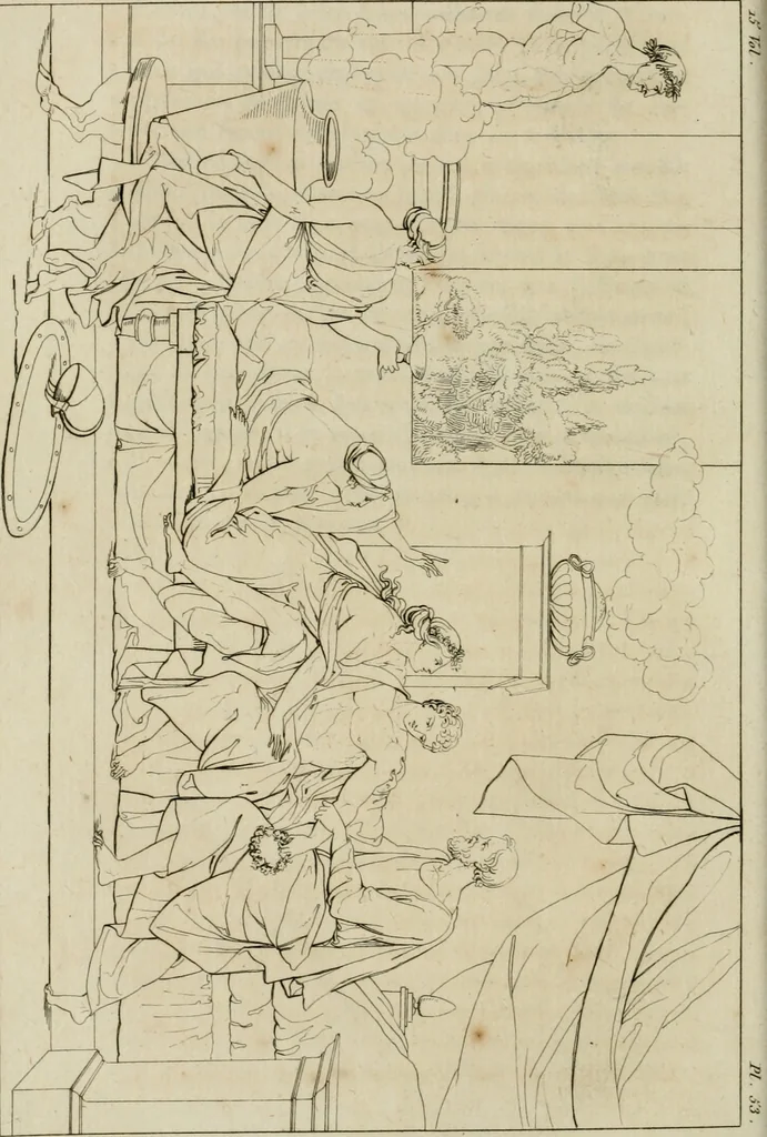 An illustration from Annales du musée et de l'école moderne des beaux-arts : recueil de gravures au trait, d'après les principaux ouvrages de peinture, sculpture, ou projets d'architecture, qui, chaque année, ont remporté le prix, soit aux écoles spéciales, soit aux concours nationaux : les productions des artistes en tous genres, qui, aux différentes expositions, ont été citées avec éloges : les morceaux les plus estimés ou inédits de la galerie de peinture : la suite complète de celle des antiques : édifices anciens et modernes, etc., 1800, leaf 205