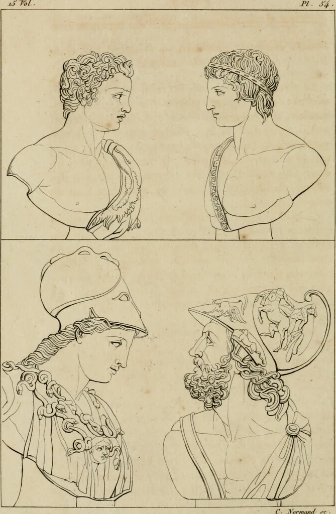 An illustration from Annales du musée et de l'école moderne des beaux-arts : recueil de gravures au trait, d'après les principaux ouvrages de peinture, sculpture, ou projets d'architecture, qui, chaque année, ont remporté le prix, soit aux écoles spéciales, soit aux concours nationaux : les productions des artistes en tous genres, qui, aux différentes expositions, ont été citées avec éloges : les morceaux les plus estimés ou inédits de la galerie de peinture : la suite complète de celle des antiques : édifices anciens et modernes, etc., 1800, leaf 209