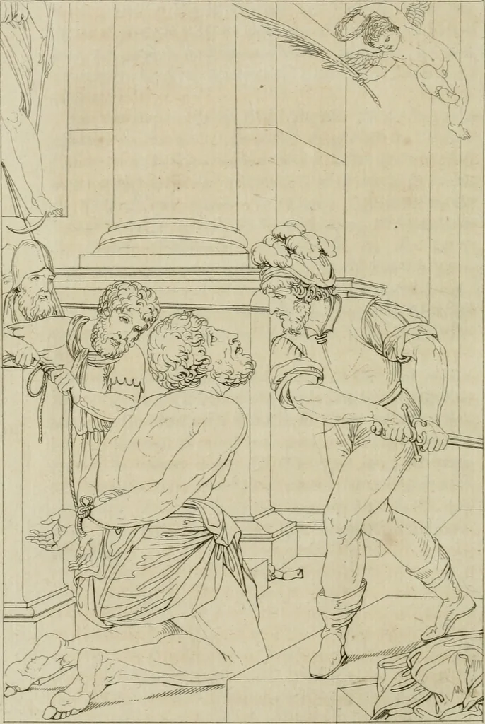 An illustration from Annales du musée et de l'école moderne des beaux-arts : recueil de gravures au trait, d'après les principaux ouvrages de peinture, sculpture, ou projets d'architecture, qui, chaque année, ont remporté le prix, soit aux écoles spéciales, soit aux concours nationaux : les productions des artistes en tous genres, qui, aux différentes expositions, ont été citées avec éloges : les morceaux les plus estimés ou inédits de la galerie de peinture : la suite complète de celle des antiques : édifices anciens et modernes, etc., 1800, leaf 213