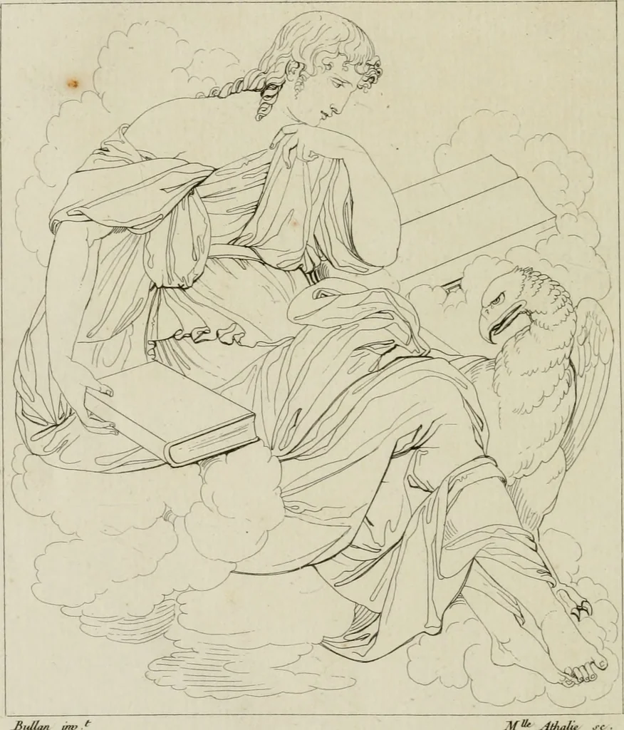 An illustration from Annales du musée et de l'école moderne des beaux-arts : recueil de gravures au trait, d'après les principaux ouvrages de peinture, sculpture, ou projets d'architecture, qui, chaque année, ont remporté le prix, soit aux écoles spéciales, soit aux concours nationaux : les productions des artistes en tous genres, qui, aux différentes expositions, ont été citées avec éloges : les morceaux les plus estimés ou inédits de la galerie de peinture : la suite complète de celle des antiques : édifices anciens et modernes, etc., 1800, leaf 229