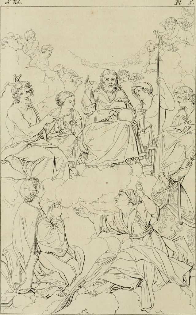 An illustration from Annales du musée et de l'école moderne des beaux-arts : recueil de gravures au trait, d'après les principaux ouvrages de peinture, sculpture, ou projets d'architecture, qui, chaque année, ont remporté le prix, soit aux écoles spéciales, soit aux concours nationaux : les productions des artistes en tous genres, qui, aux différentes expositions, ont été citées avec éloges : les morceaux les plus estimés ou inédits de la galerie de peinture : la suite complète de celle des antiques : édifices anciens et modernes, etc., 1800, leaf 23