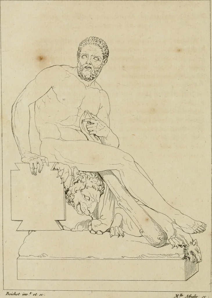 An illustration from Annales du musée et de l'école moderne des beaux-arts : recueil de gravures au trait, d'après les principaux ouvrages de peinture, sculpture, ou projets d'architecture, qui, chaque année, ont remporté le prix, soit aux écoles spéciales, soit aux concours nationaux : les productions des artistes en tous genres, qui, aux différentes expositions, ont été citées avec éloges : les morceaux les plus estimés ou inédits de la galerie de peinture : la suite complète de celle des antiques : édifices anciens et modernes, etc., 1800, leaf 233