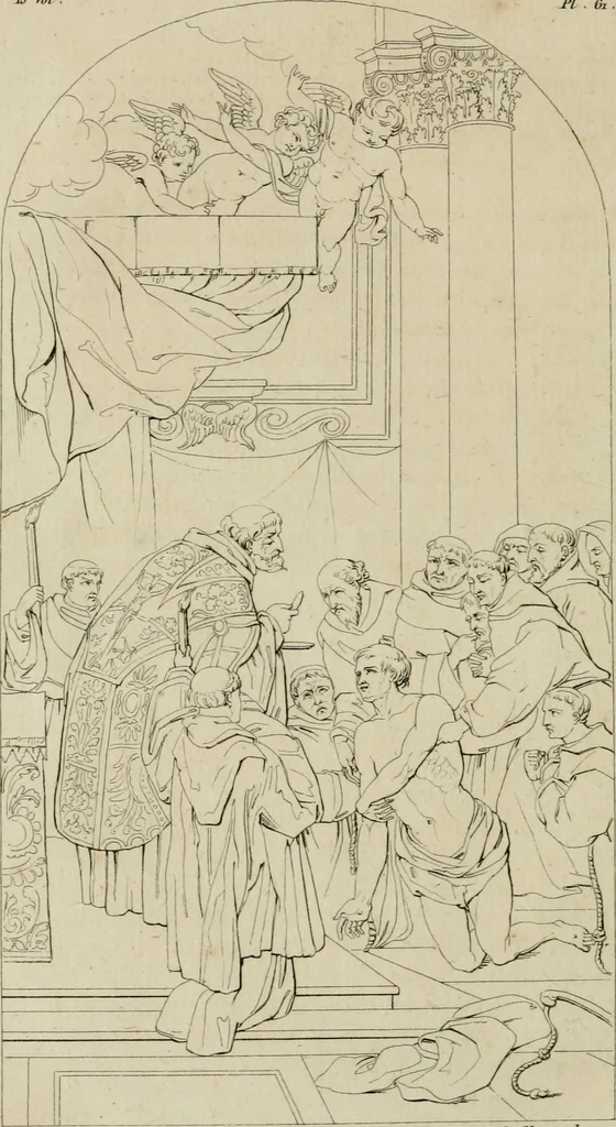 An illustration from Annales du musée et de l'école moderne des beaux-arts : recueil de gravures au trait, d'après les principaux ouvrages de peinture, sculpture, ou projets d'architecture, qui, chaque année, ont remporté le prix, soit aux écoles spéciales, soit aux concours nationaux : les productions des artistes en tous genres, qui, aux différentes expositions, ont été citées avec éloges : les morceaux les plus estimés ou inédits de la galerie de peinture : la suite complète de celle des antiques : édifices anciens et modernes, etc., 1800, leaf 237