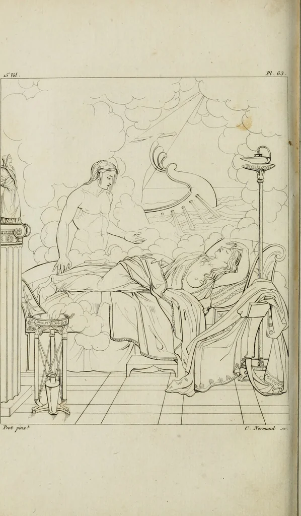An illustration from Annales du musée et de l'école moderne des beaux-arts : recueil de gravures au trait, d'après les principaux ouvrages de peinture, sculpture, ou projets d'architecture, qui, chaque année, ont remporté le prix, soit aux écoles spéciales, soit aux concours nationaux : les productions des artistes en tous genres, qui, aux différentes expositions, ont été citées avec éloges : les morceaux les plus estimés ou inédits de la galerie de peinture : la suite complète de celle des antiques : édifices anciens et modernes, etc., 1800, leaf 245