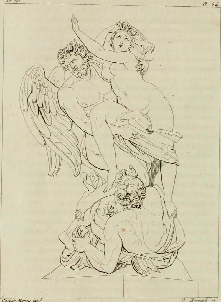 An illustration from Annales du musée et de l'école moderne des beaux-arts : recueil de gravures au trait, d'après les principaux ouvrages de peinture, sculpture, ou projets d'architecture, qui, chaque année, ont remporté le prix, soit aux écoles spéciales, soit aux concours nationaux : les productions des artistes en tous genres, qui, aux différentes expositions, ont été citées avec éloges : les morceaux les plus estimés ou inédits de la galerie de peinture : la suite complète de celle des antiques : édifices anciens et modernes, etc., 1800, leaf 249